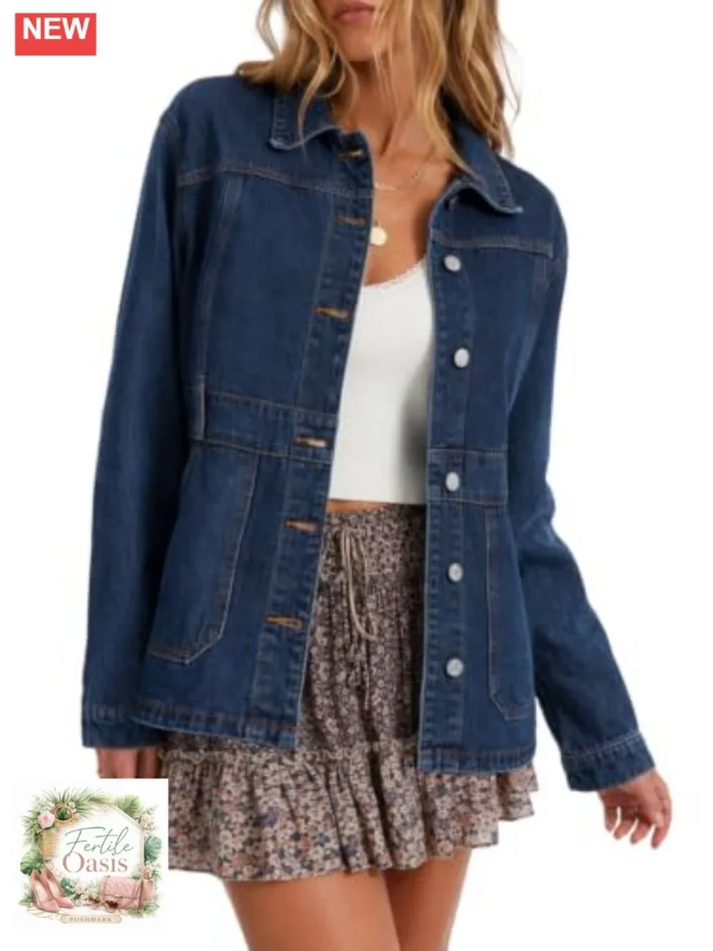 Waist-Seamed Button Front Denim Long Jacket Shacket Women